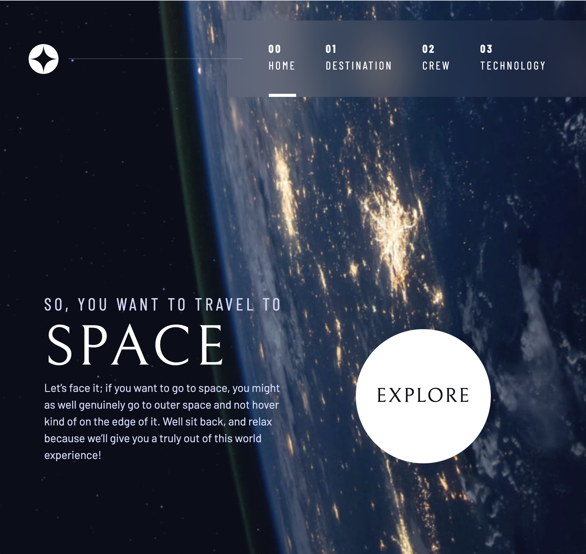 homepage design of Space Tourism